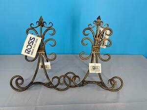 Set of 2 Decorative Metal Plate Display Easels Scroll Fleur de Lis 9” Bronze